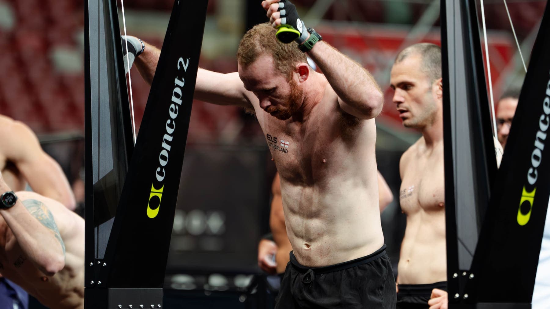 An elite athlete pulling hard on the SkiErg