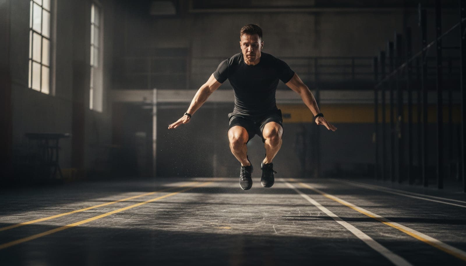 Athlete completing a burpee broad jump during a Hyrox race
