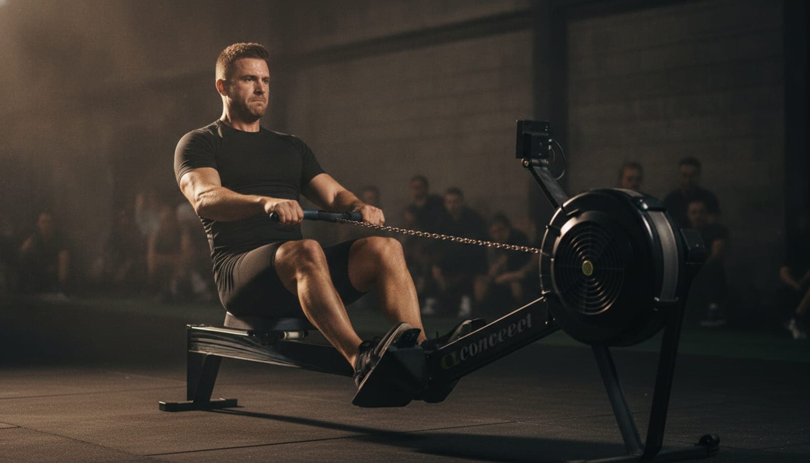 Athlete on a Concept2 rower mid-race