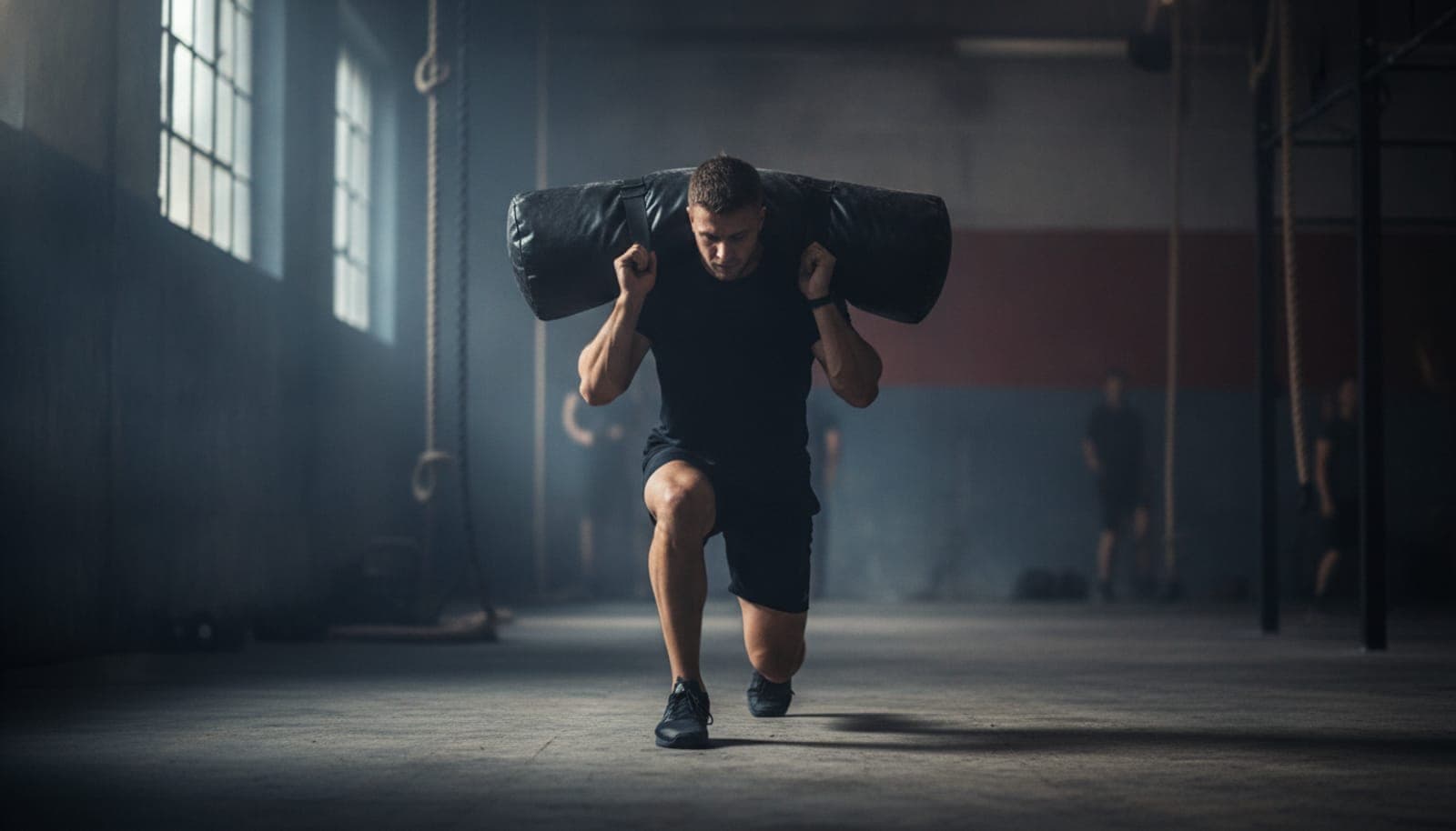Athlete walking sandbag lunges in a Hyrox lane