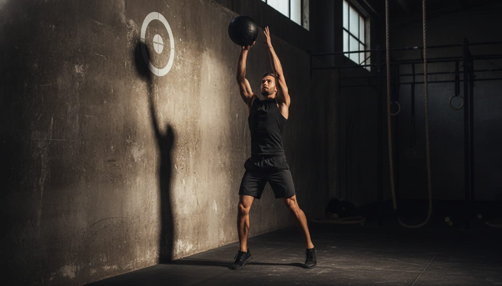 Athlete catching a Hyrox wall ball mid-rep