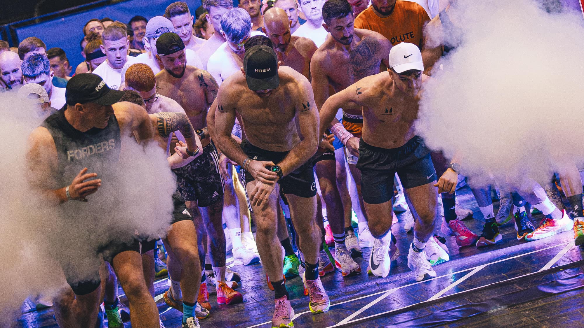 The start of a race as the smoke clears and the pack moves
